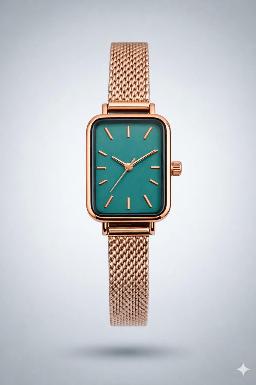 Elegant Rose Gold Mesh Watch – Teal Dial